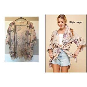 Valentina Naldi Made in Italy Linen Floral Crochet Kimono Womens One Size Shawl